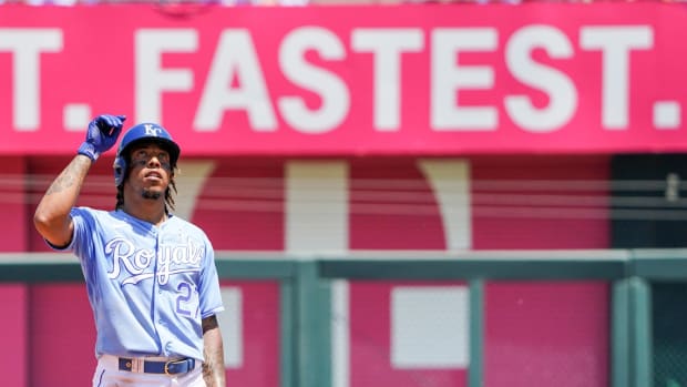 Jun 20, 2021; Kansas City, Missouri, USA; Kansas City Royals shortstop Adalberto Mondesi (27) celebrates after hitting a ground rule double in the third inning against the Boston Red Sox at Kauffman Stadium. Mandatory Credit: Denny Medley-USA TODAY Sports